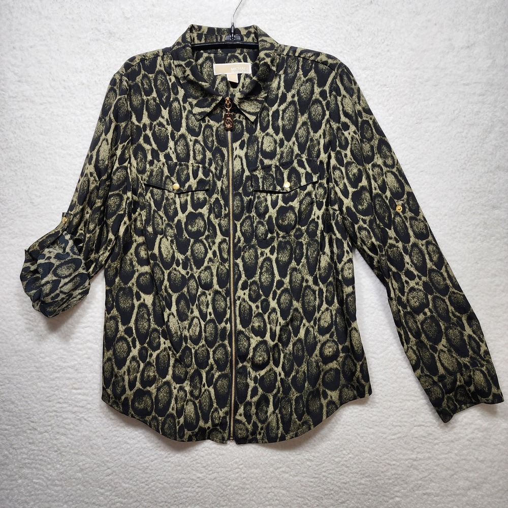 Michael Michael Kors Womens Leopard Print Zip Front Utility Blouse Olive Green M